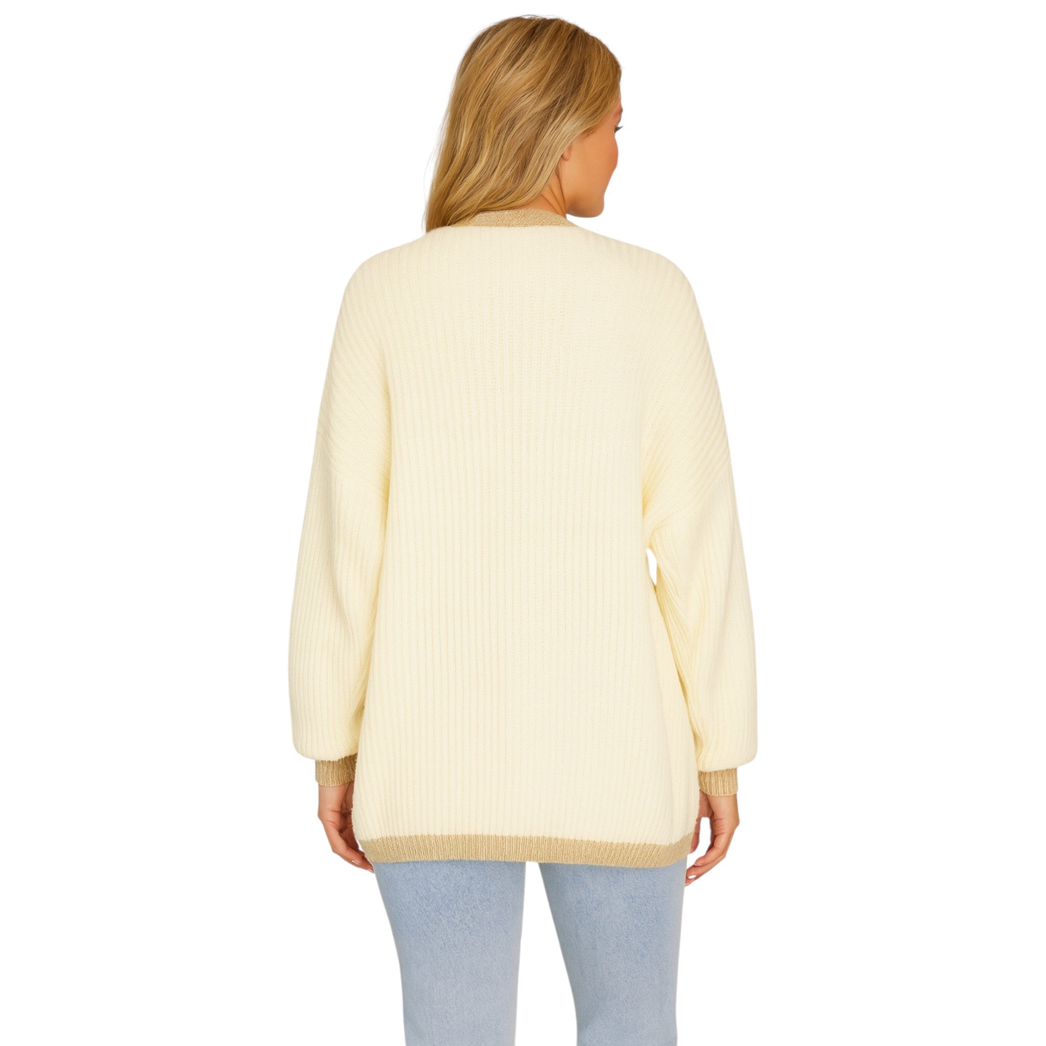 Ladies Italian edge to edge knitted cardigan in white with gold trim, soft ribbed knit open front cardigan for women, stylish lightweight layering knitwear.